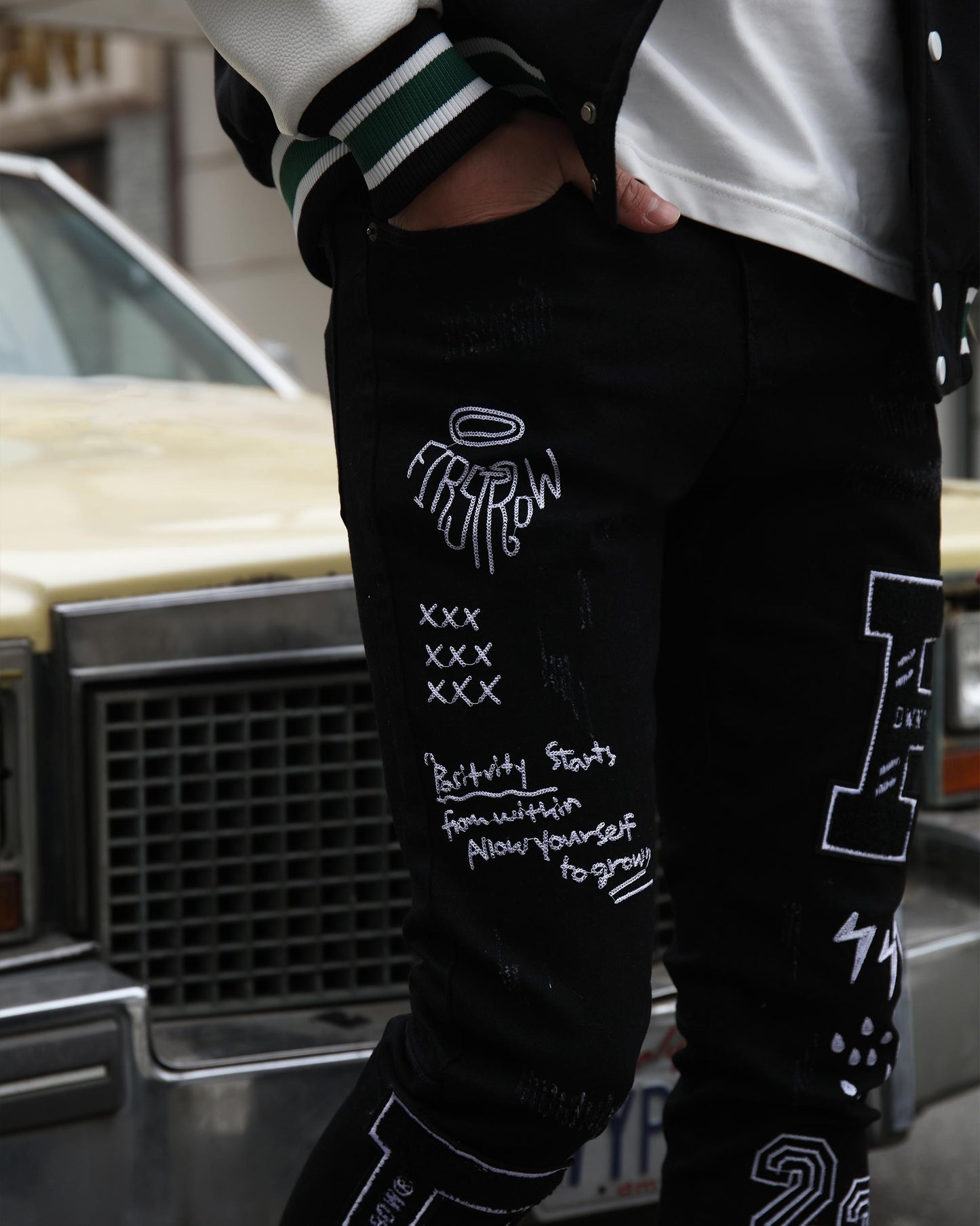 Logeqi urban graffiti jeans with unique hand-drawn designs for a stylish, edgy look