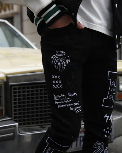 Logeqi urban graffiti jeans with unique hand-drawn designs for a stylish, edgy look