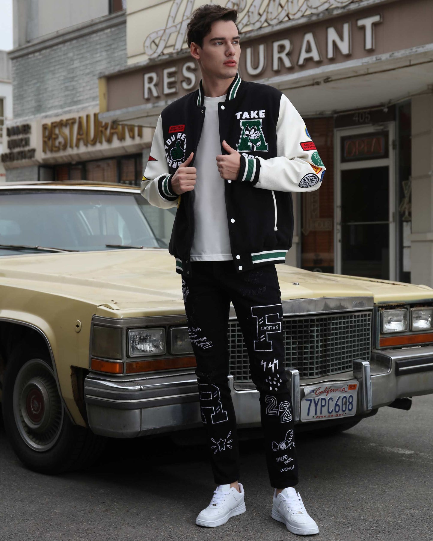 Logeqi urban graffiti jeans with unique street art patterns, styled for a modern look