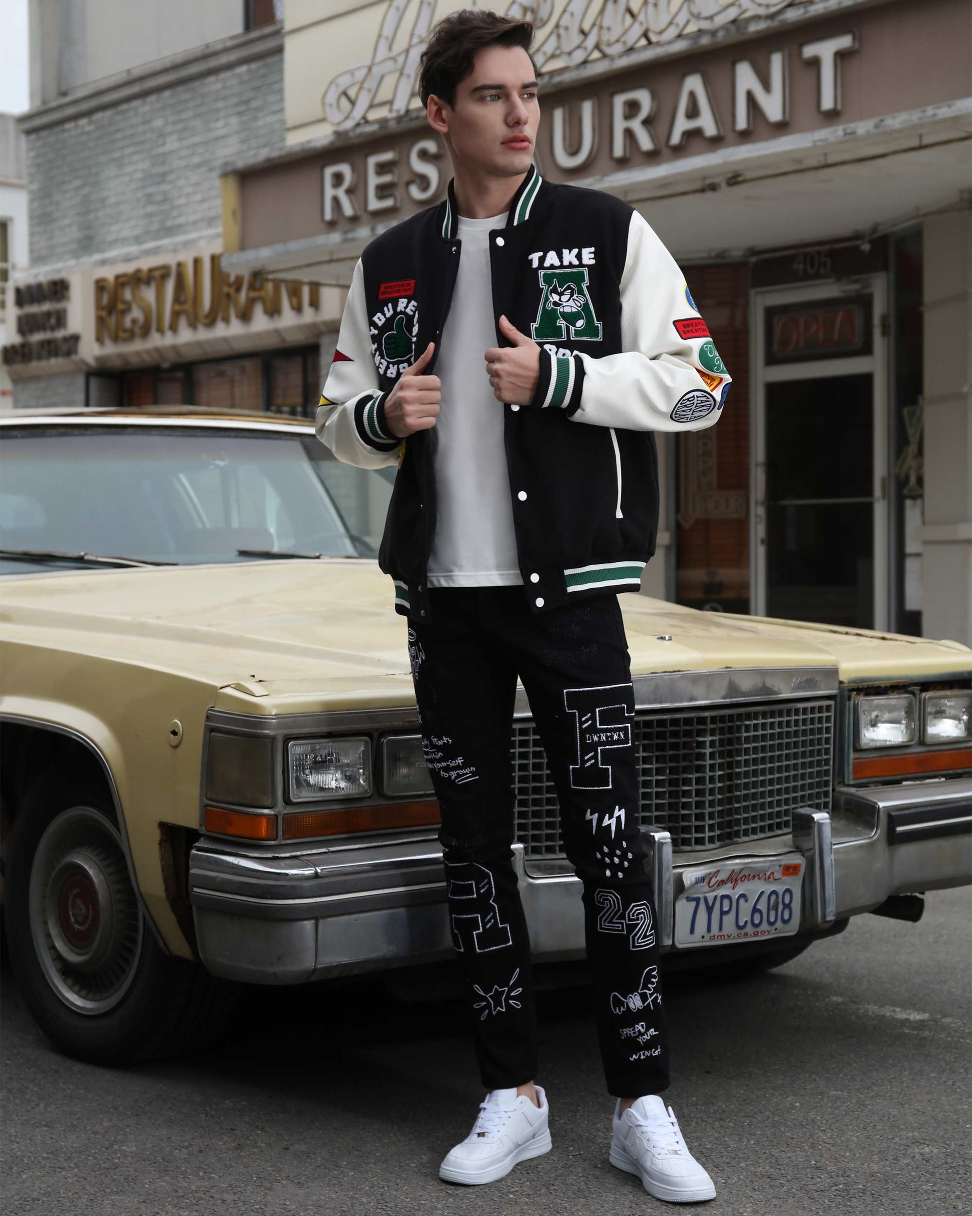 Logeqi urban graffiti jeans with unique street art patterns, styled for a modern look