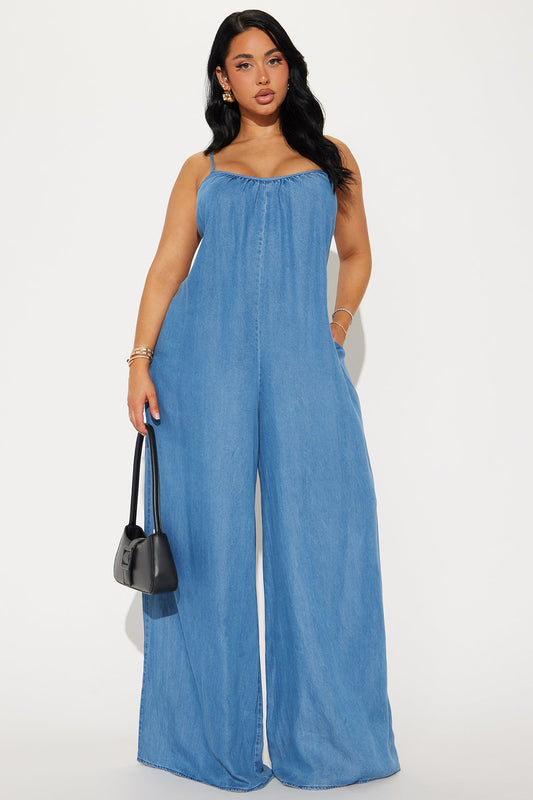 Fashion Nova chambray jumpsuit for women with spaghetti straps and wide-leg design