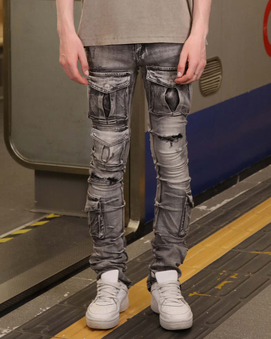Logeqi distressed gothic cargo jeans in gray with multiple pockets and ripped details