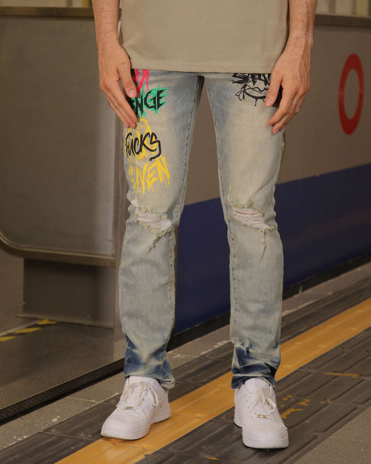 Logeqi graffiti streetwear jeans with colorful graphic prints and distressed knee details