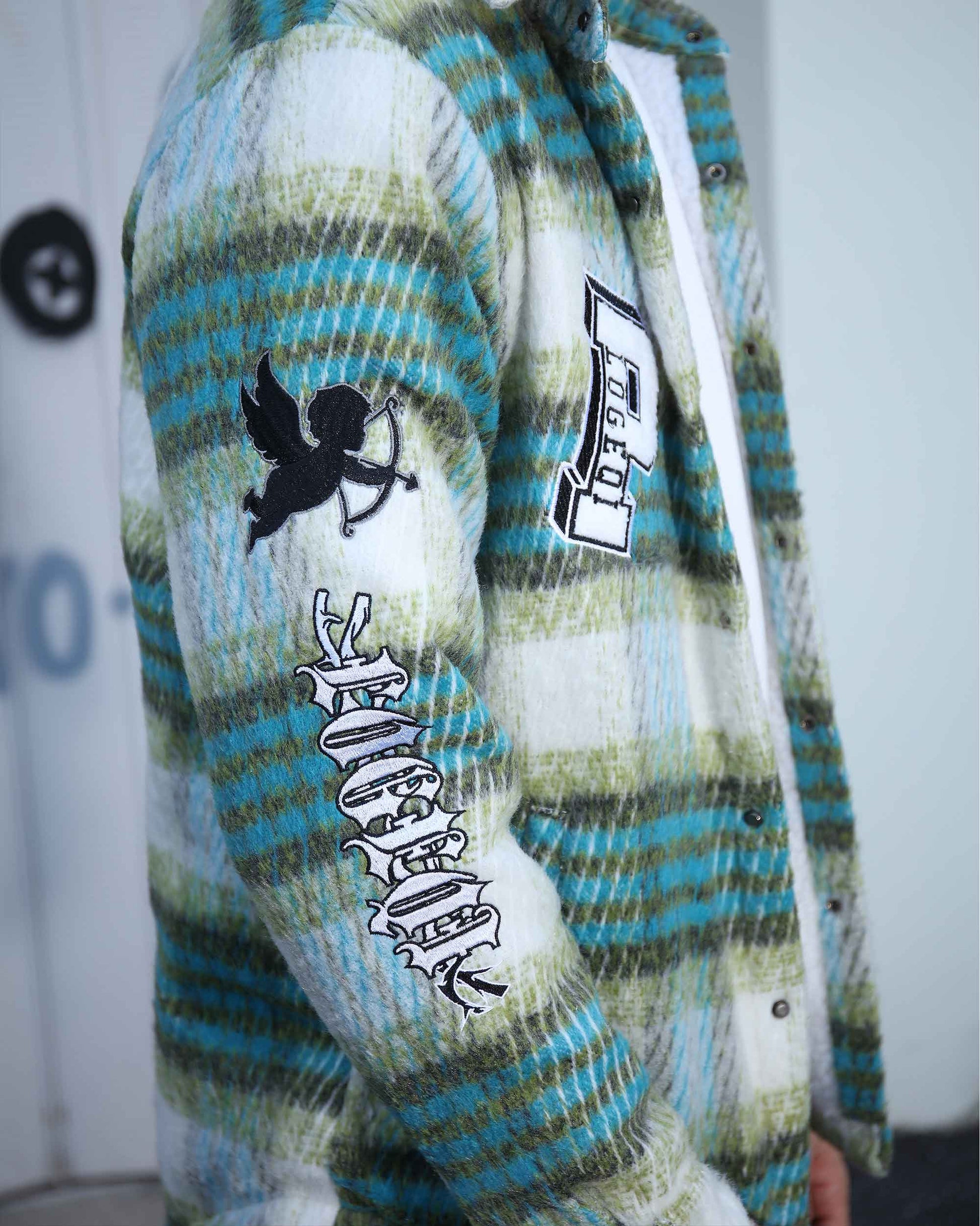 Logeqi insulated plaid moto jacket in green and blue with graphic patches on sleeve and chest