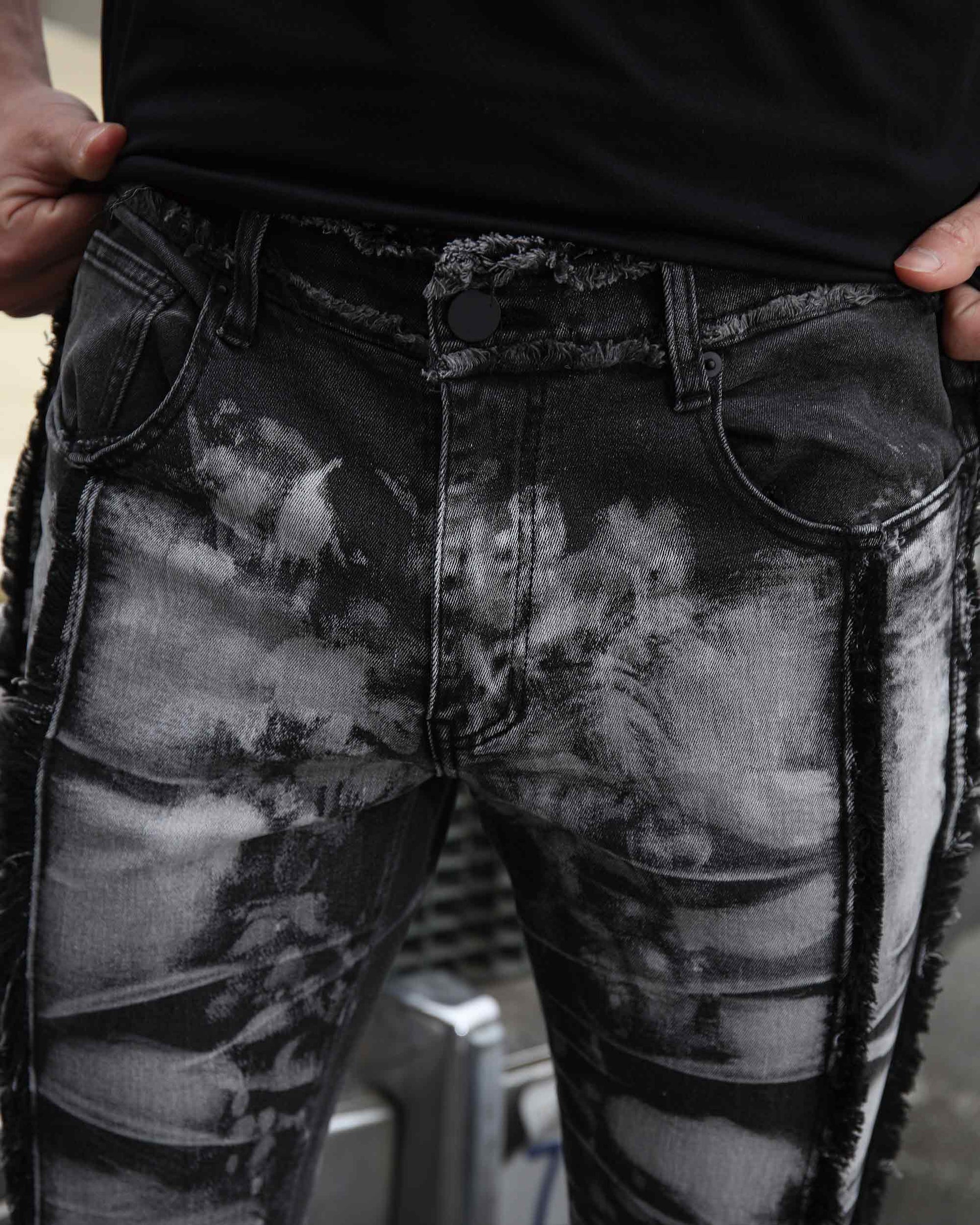 Logeqi vintage black jeans with a distressed look and unique faded pattern for a trendy style