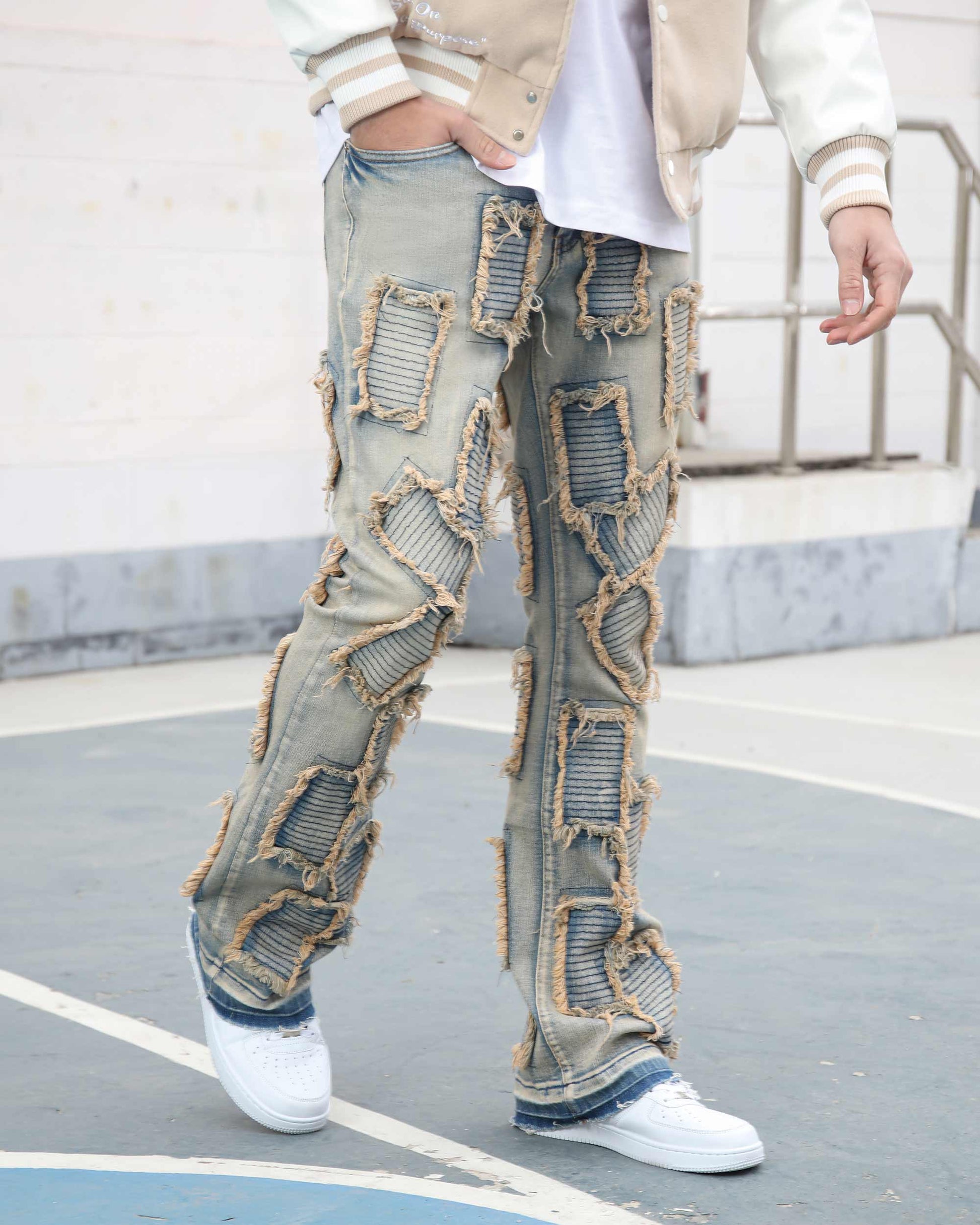 Logeqi vintage blue flared jeans with unique patchwork detailing for a trendy look