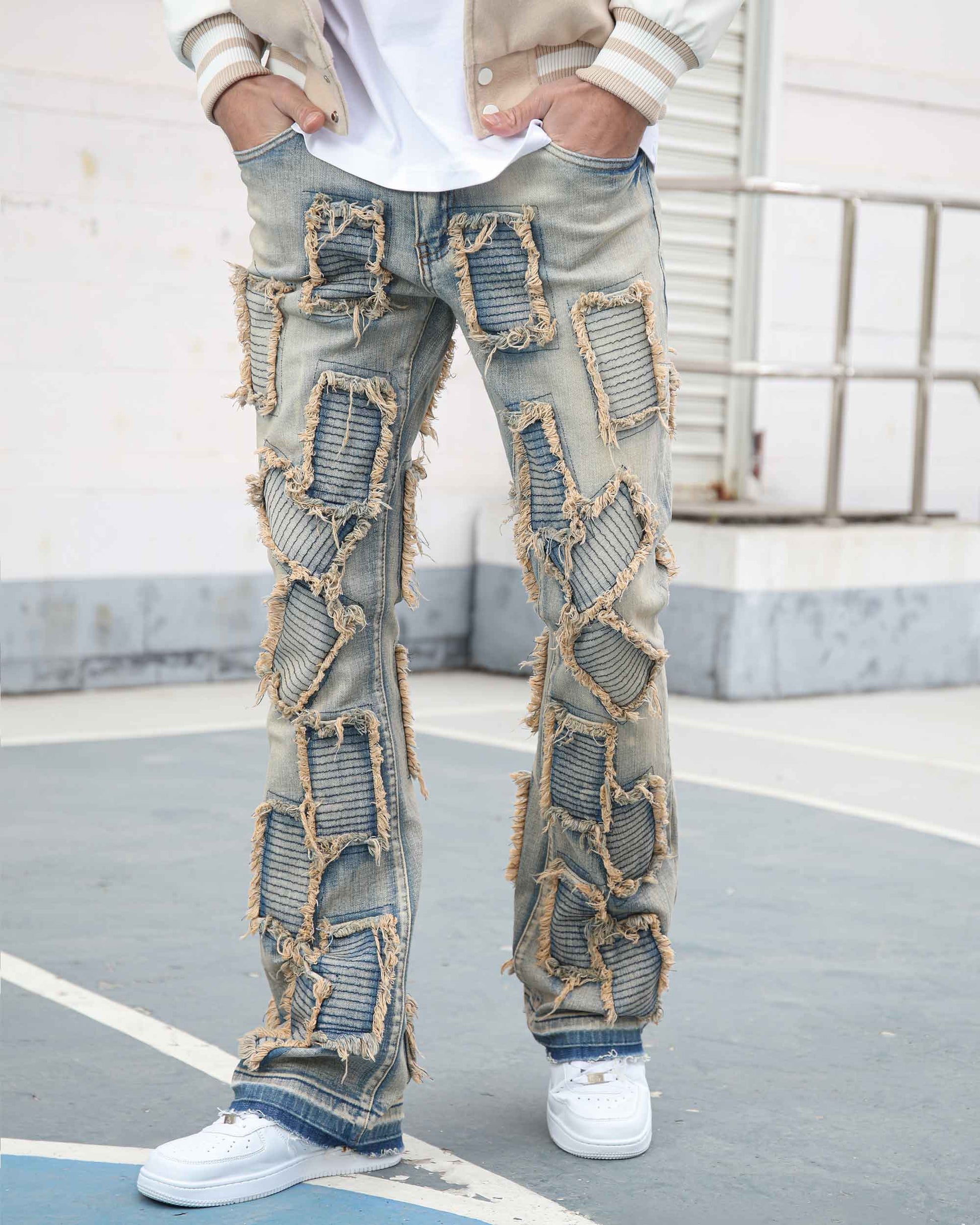 Logeqi vintage blue flared jeans with unique distressed patchwork design for a trendy look