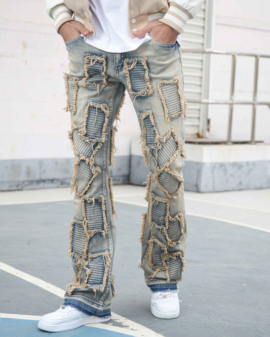 Logeqi vintage blue flared jeans with unique distressed patchwork design for a trendy look