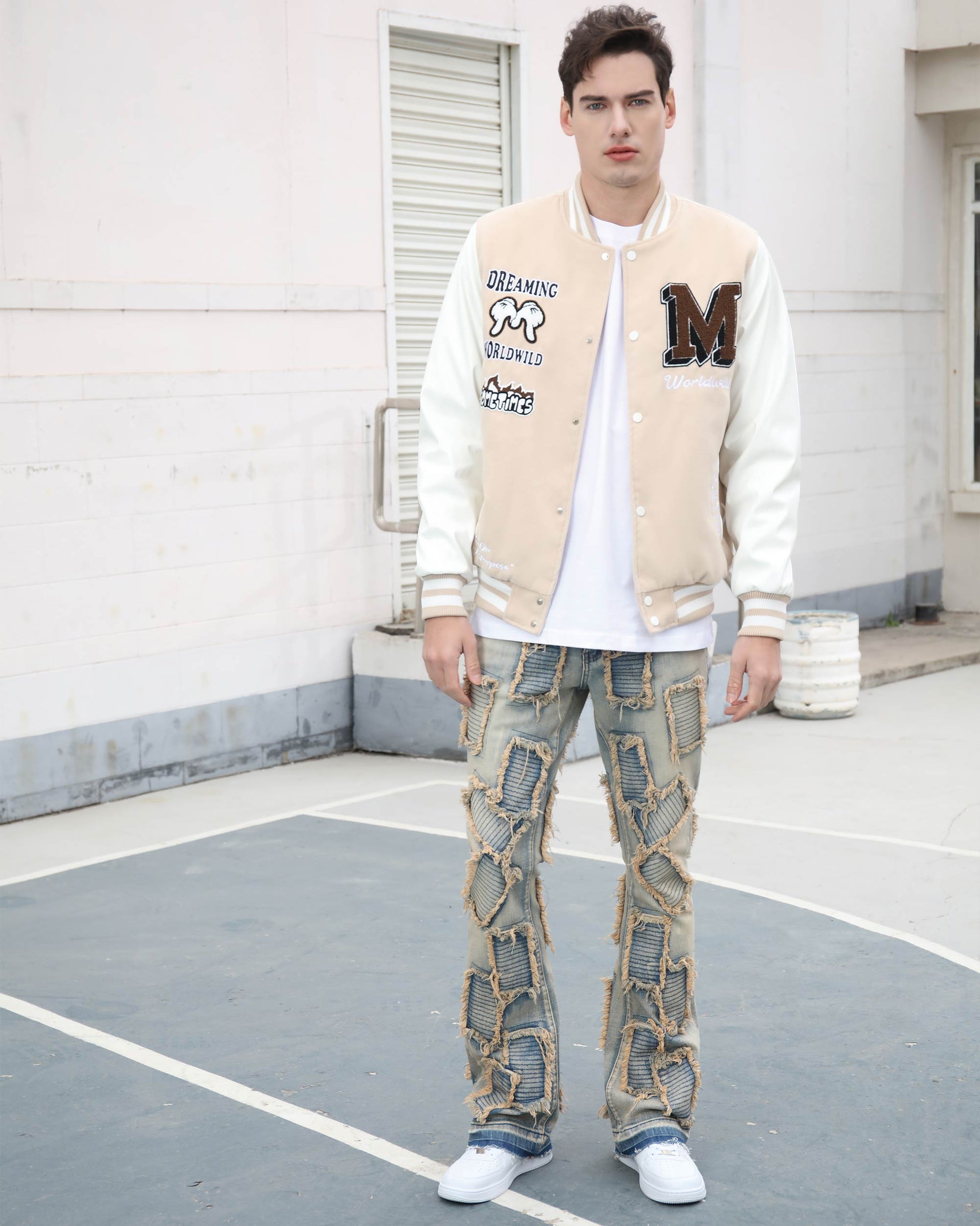 Logeqi vintage blue flared jeans featuring unique patchwork design for a stylish look