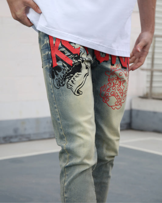 Logeqi vintage graffiti jeans with red and black graphic designs on faded denim