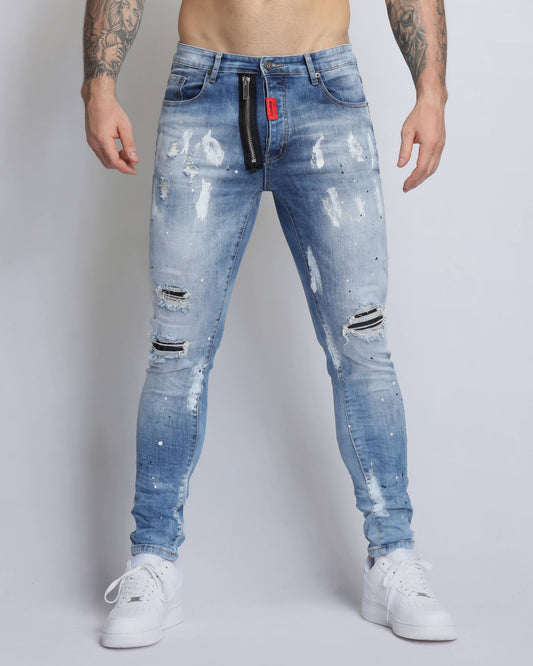 Logeqi vintage ripped denim jeans in light blue with distressed details and a slim fit