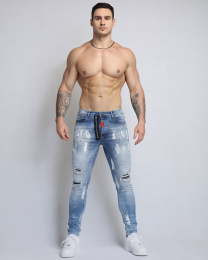 Logeqi vintage ripped denim jeans featuring a slim fit and distressed detailing for a trendy look