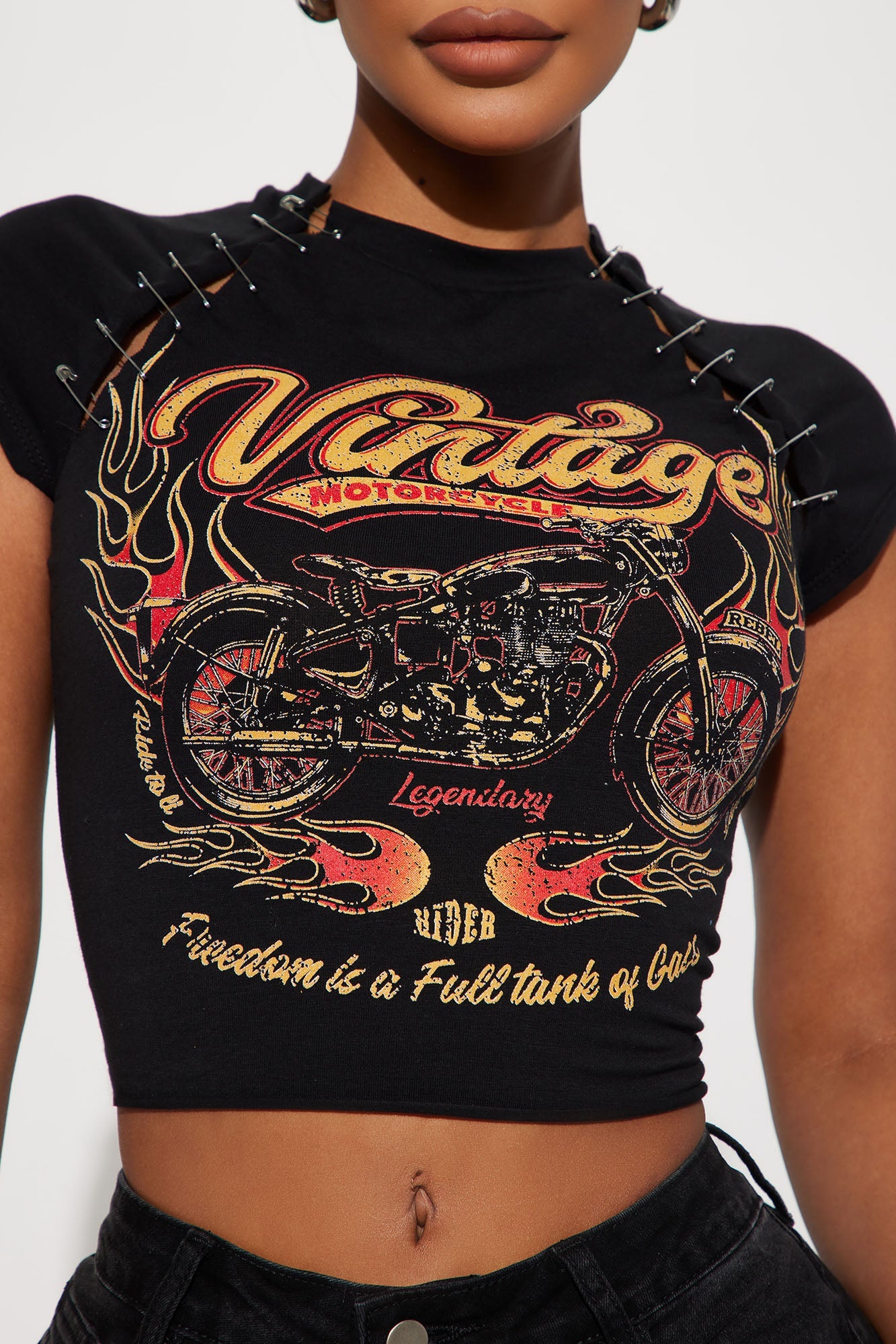 Fashion Nova Vintage Rock T Shirt Women with edgy design and cropped fit featuring a motorcycle graphic