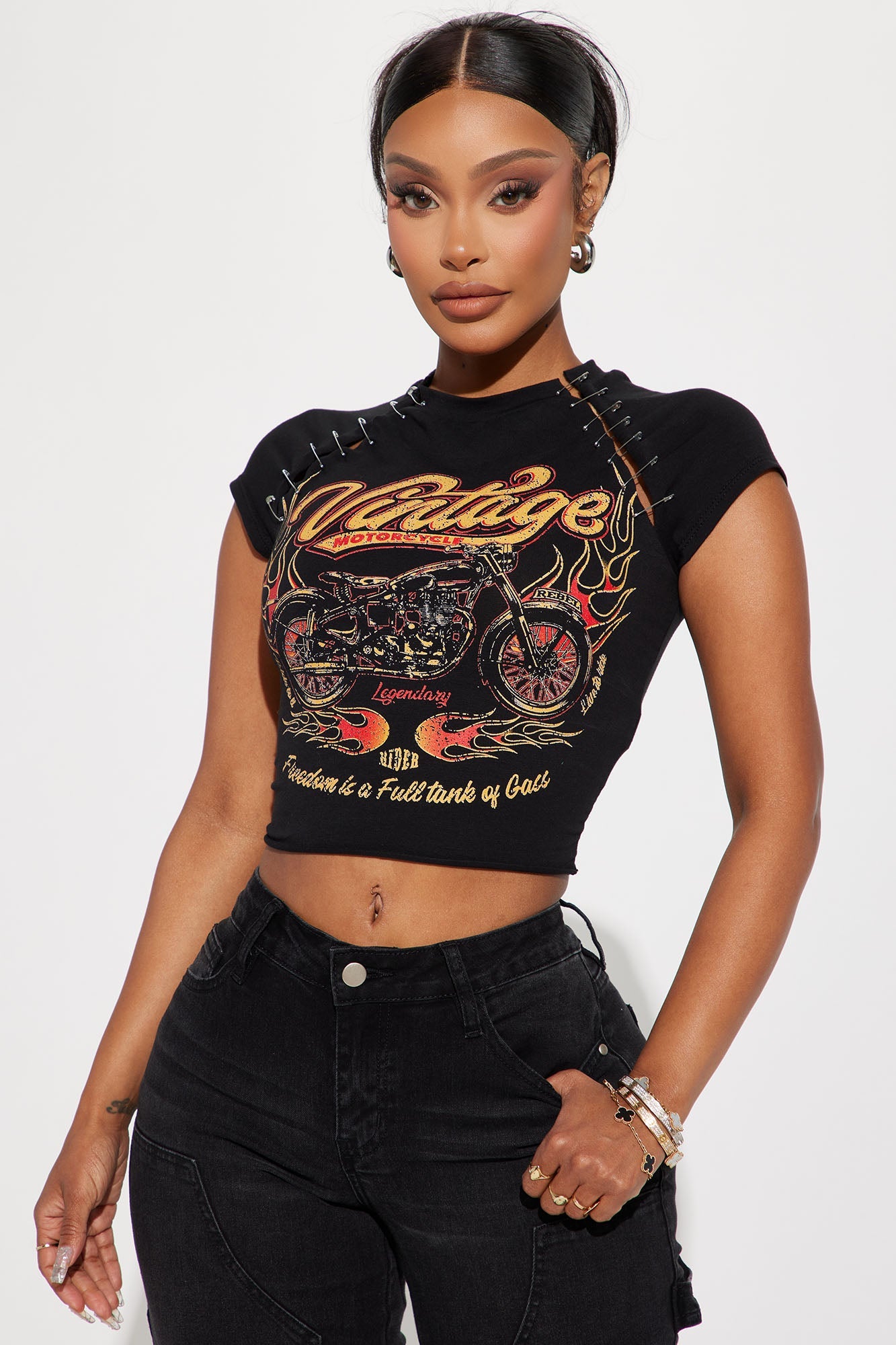 Fashion Nova vintage rock t shirt women featuring a cropped design with motorcycle graphic and flame accents