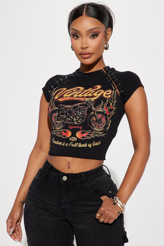 Fashion Nova vintage rock t shirt women featuring a cropped design with motorcycle graphic and flame accents