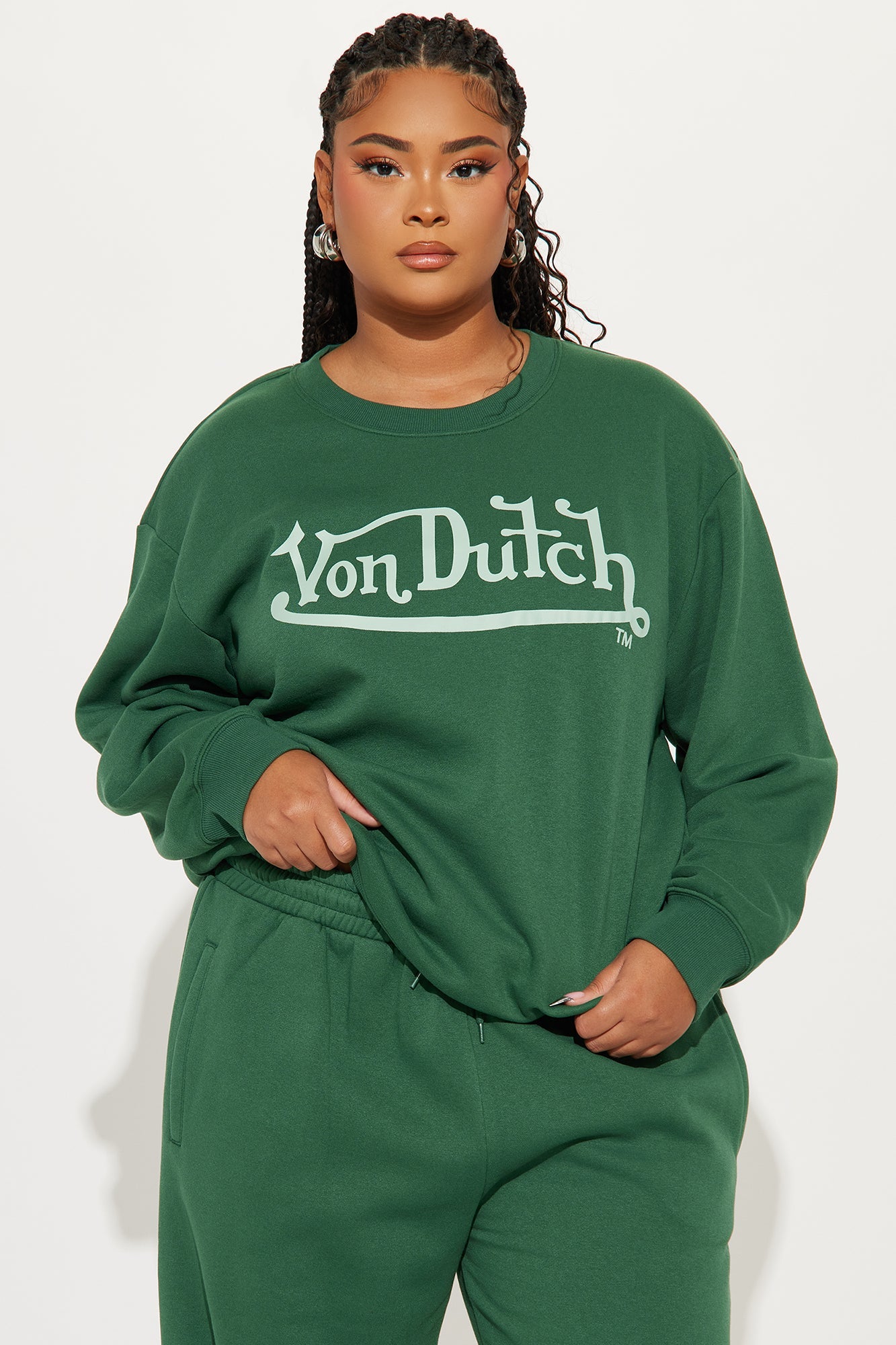 Von Dutch distressed crewneck sweatshirt in green featuring bold logo design and relaxed fit