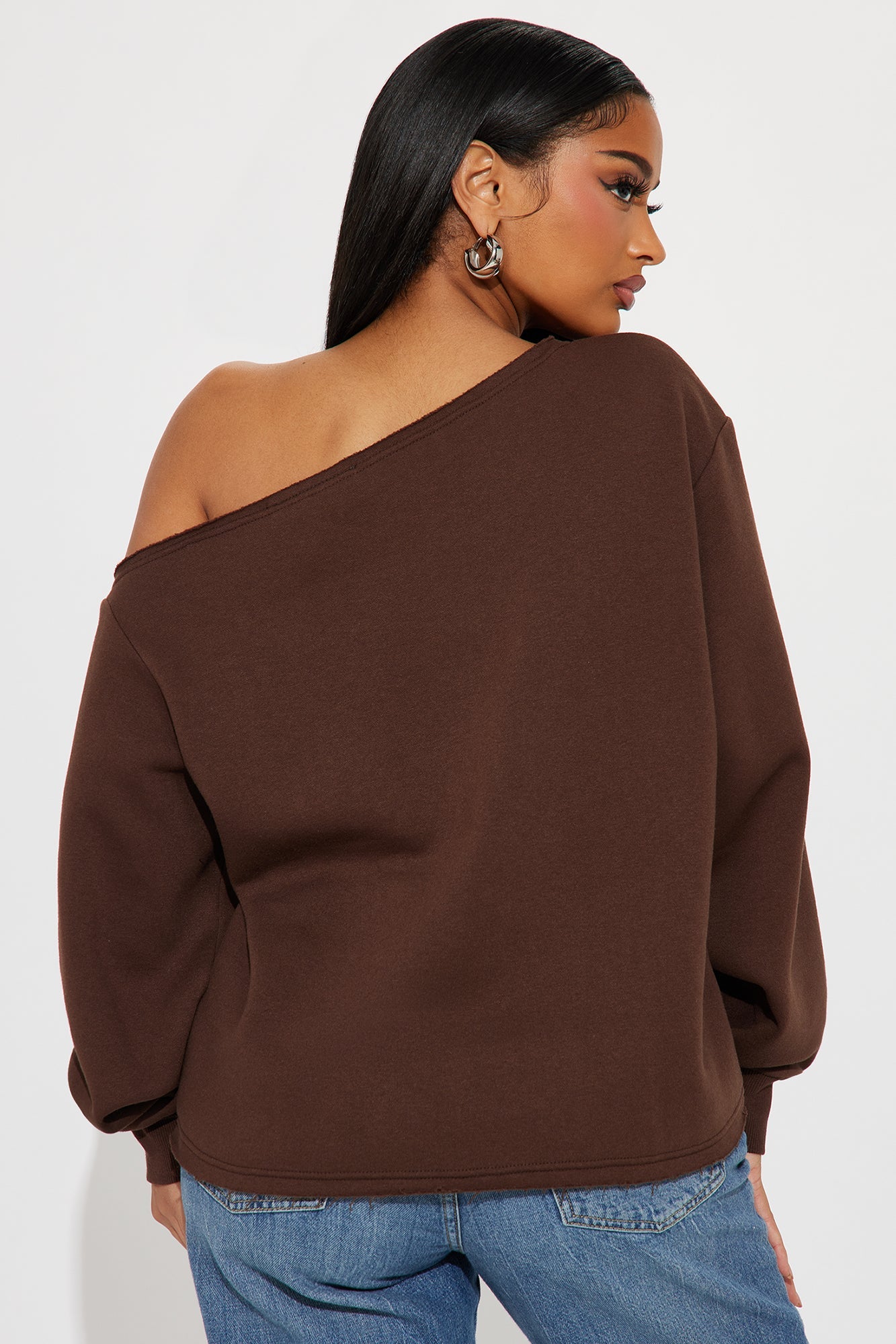 Von Dutch off shoulder sweatshirt in brown, styled with relaxed fit and balloon sleeves