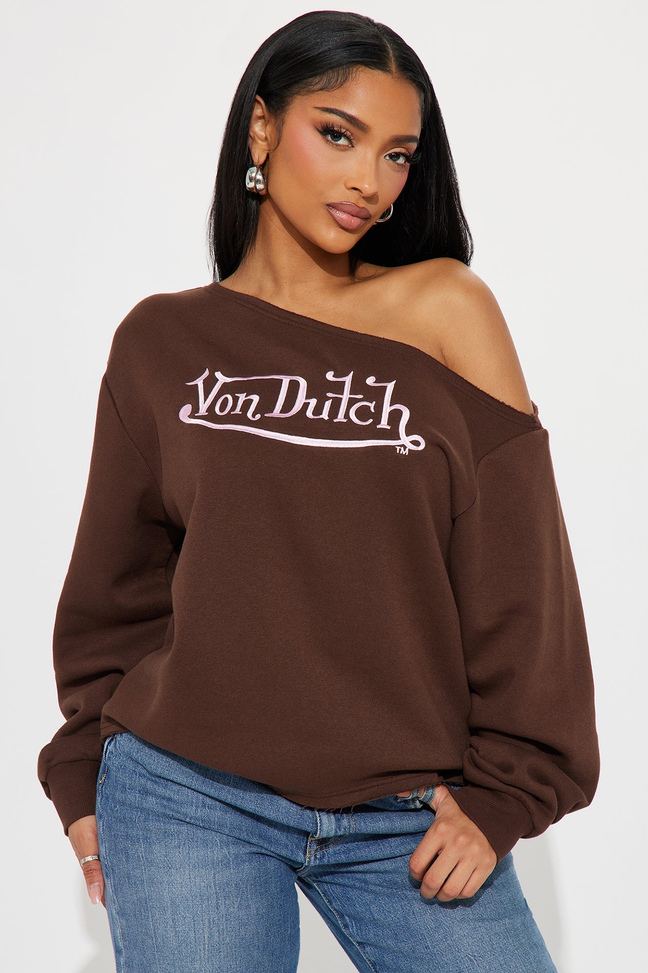 Fashion Nova Von Dutch off shoulder sweatshirt in brown featuring a stylish logo design
