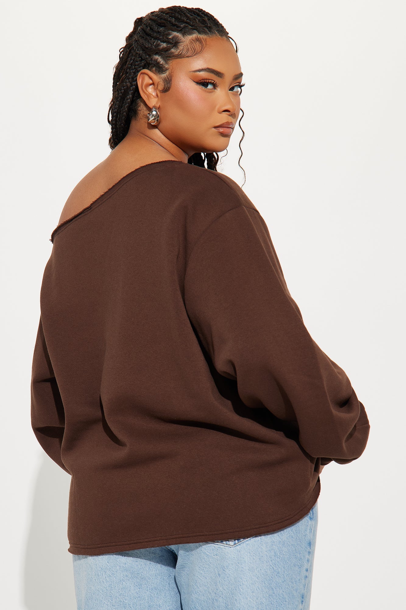 Von Dutch off shoulder sweatshirt in brown for a trendy, casual look with relaxed fit