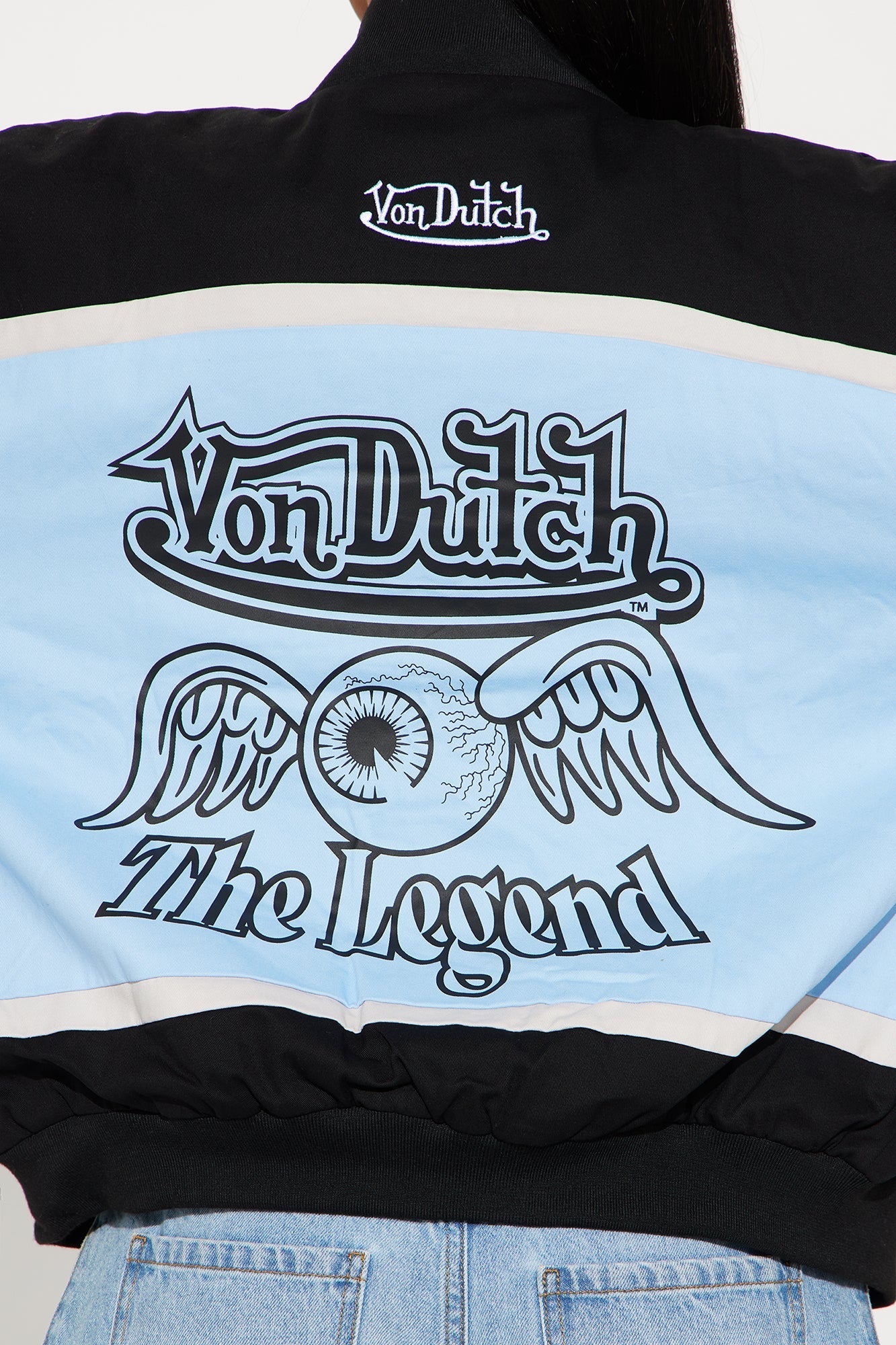 Von Dutch moto jacket featuring a unique design with wings and eye detail on the back