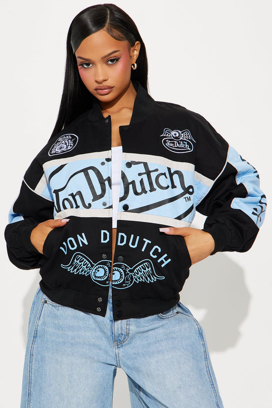 Fashion Nova Von Dutch moto jacket in black and blue with logo details for a stylish look