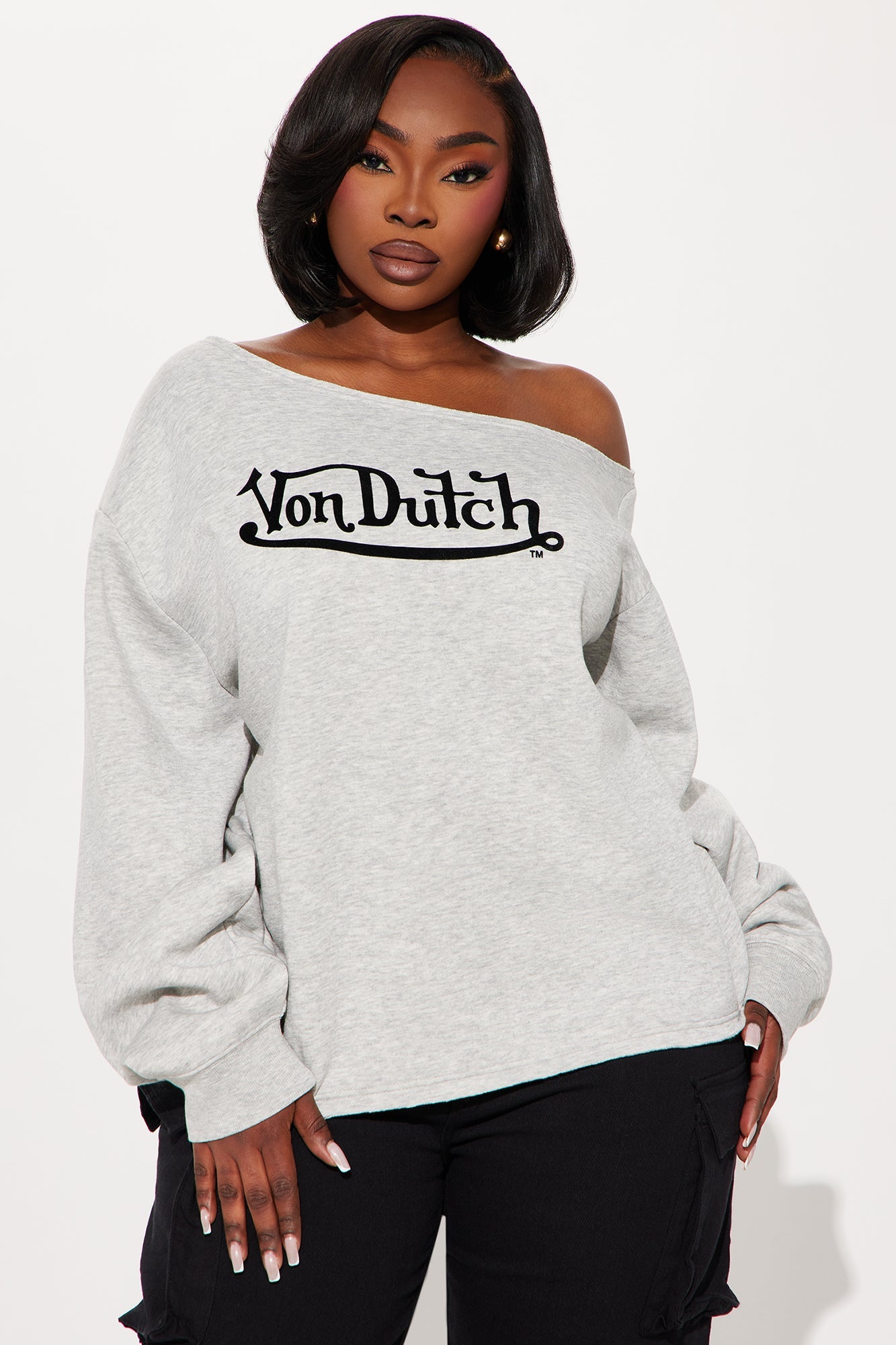 Von Dutch off shoulder sweatshirt in gray with black logo for a stylish casual look
