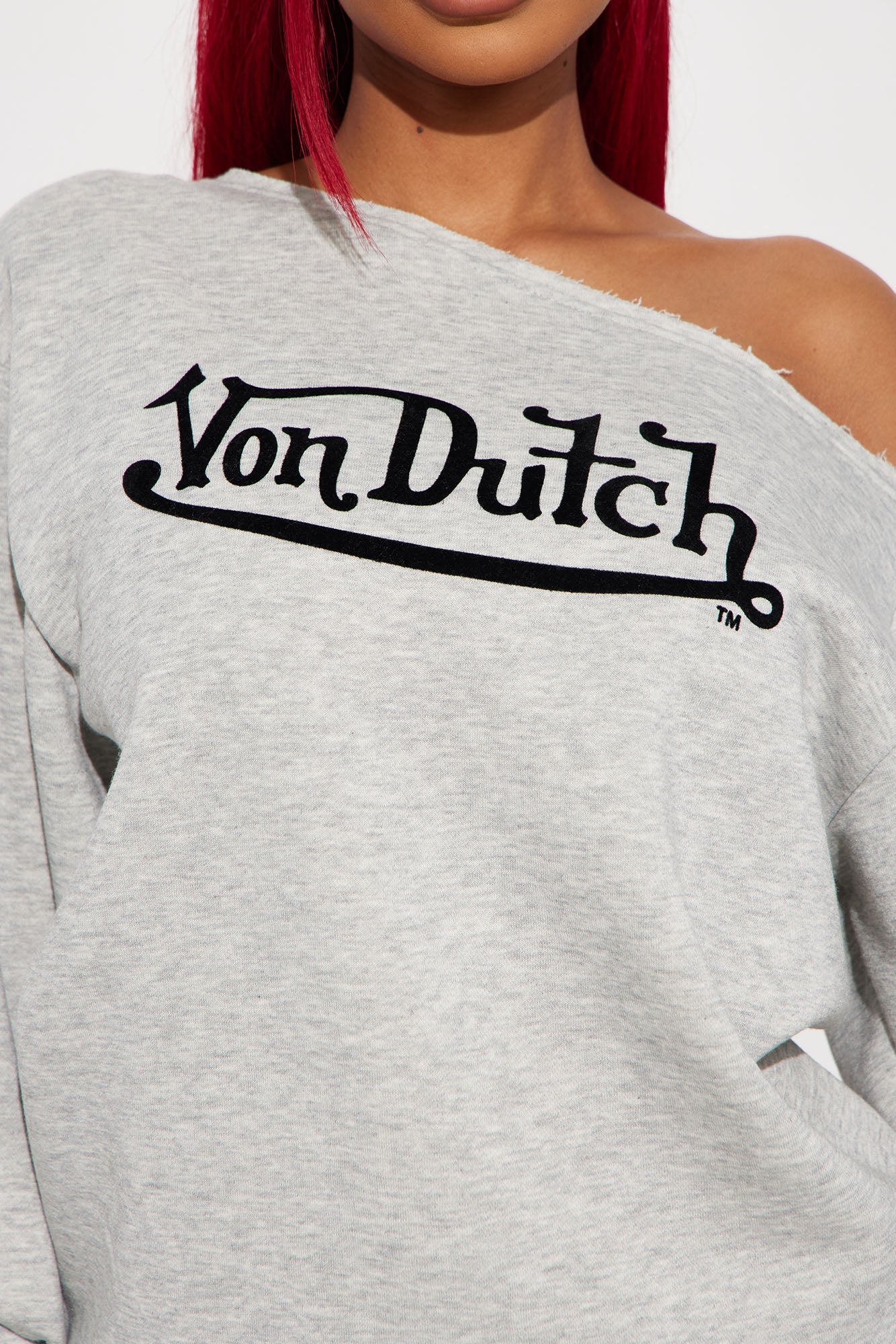 Gray Von Dutch off shoulder sweatshirt featuring a bold logo for trendy casual wear