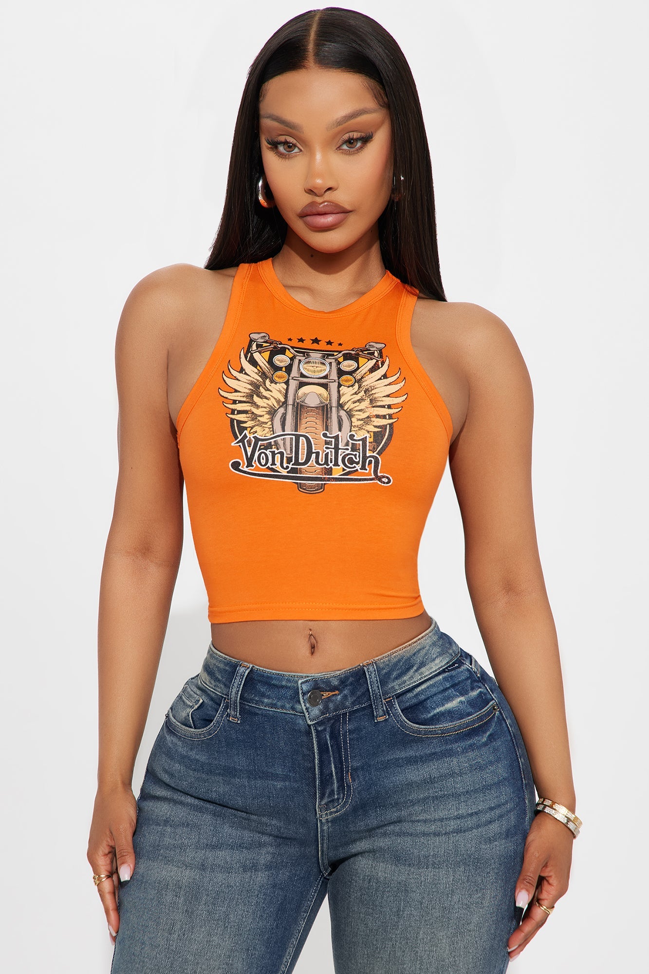 Von Dutch orange crop top featuring a bold graphic design, perfect for casual wear.