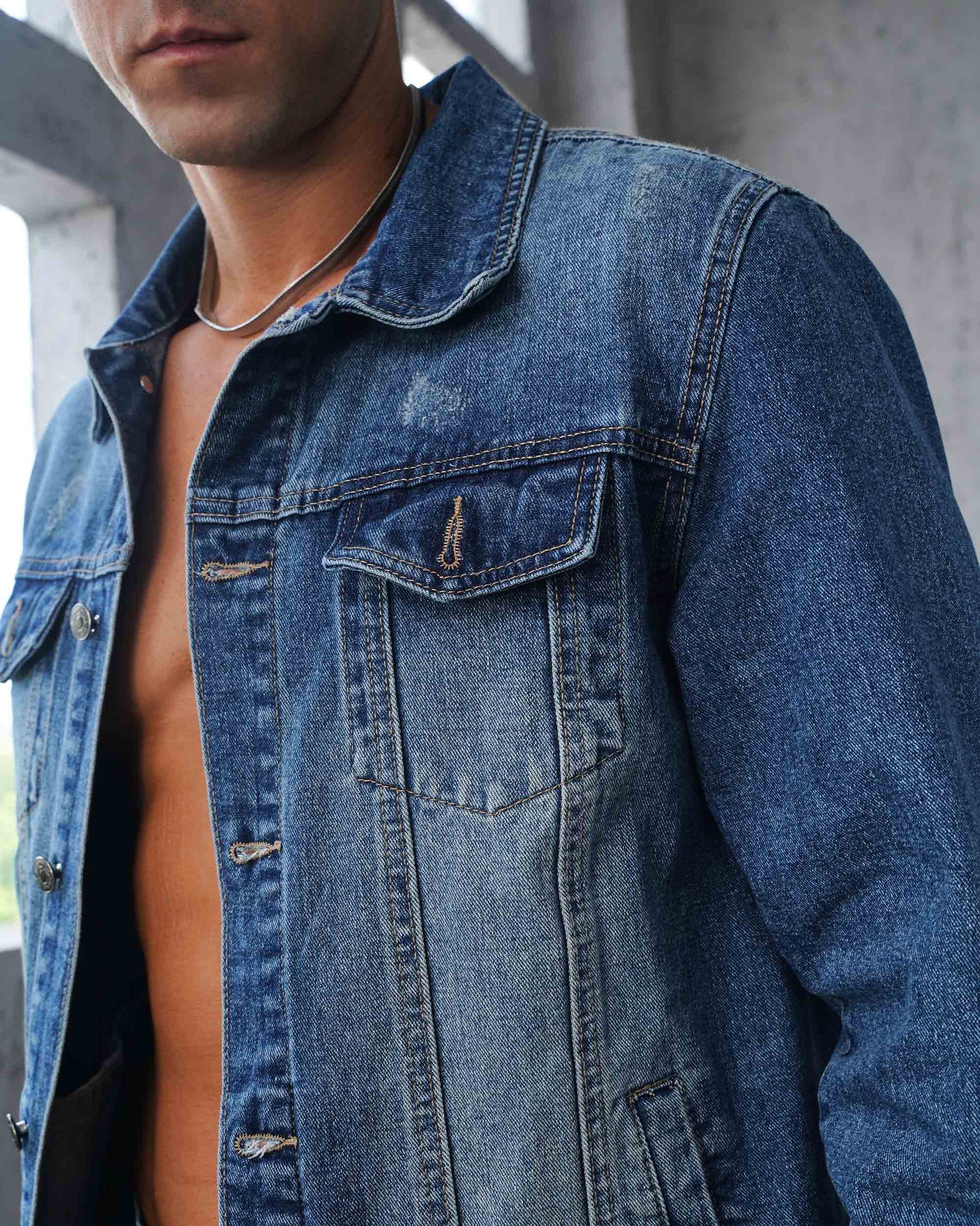 Logeqi washed blue denim jacket featuring classic design and durable fabric