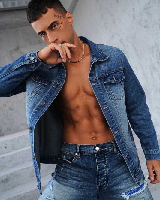 Logeqi washed blue denim jacket featuring a classic design and comfortable fit for casual outings