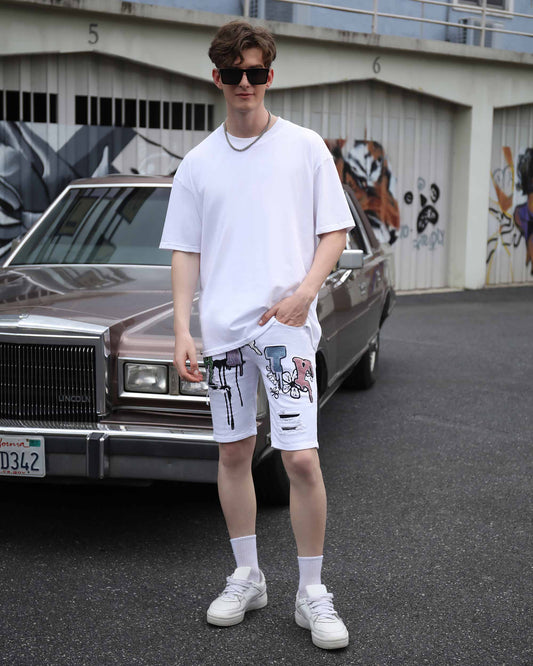 Logeqi White Ripped Denim Shorts with Stylish Graphics, Perfect for Casual Summer Outfits