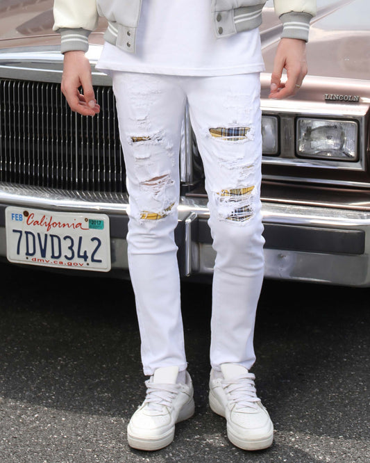 Logeqi white ripped jeans featuring stylish distressed detailing and a slim fit style
