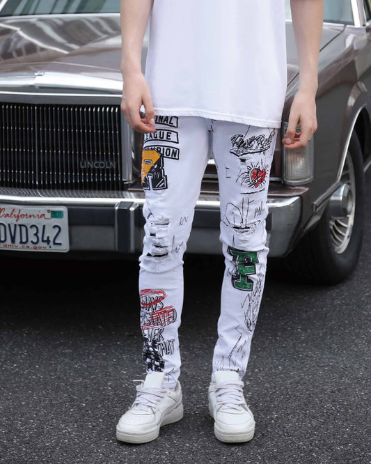 Logeqi white ripped jeans graffiti featuring unique designs and a trendy street style look