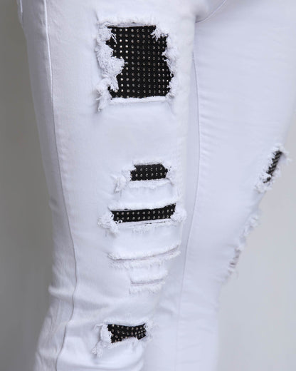 Logeqi white ripped jeans with diamond patch featuring distressed detailing for a trendy look