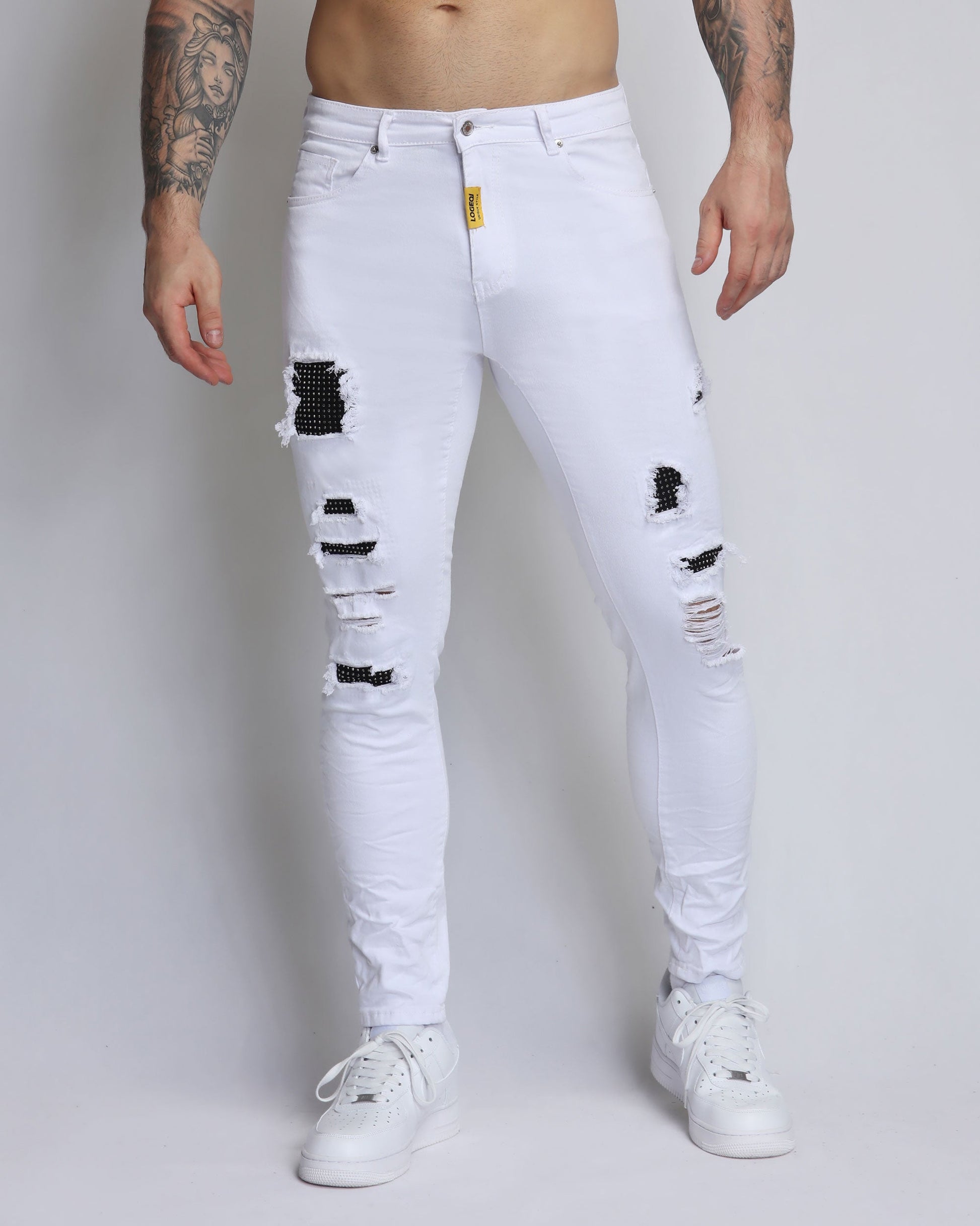 Logeqi white ripped jeans with diamond patch for a stylish, trendy look