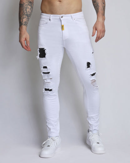 Logeqi white ripped jeans with diamond patch for a stylish, trendy look