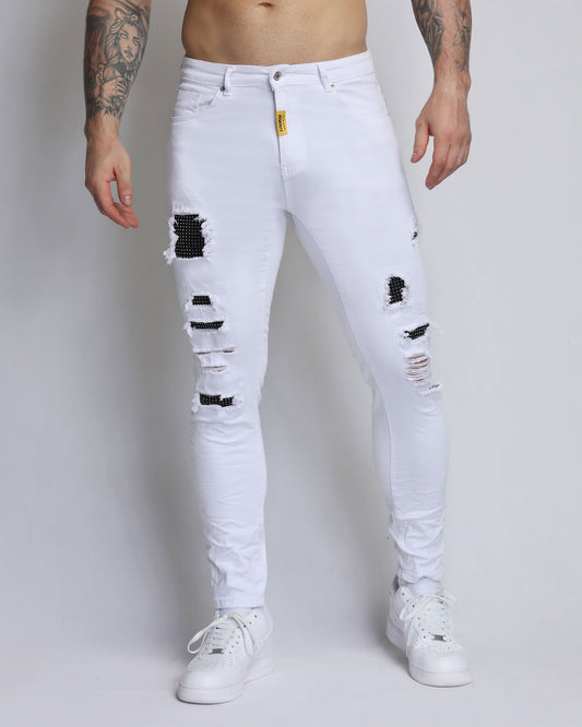 Logeqi white ripped jeans with diamond patch for a stylish, trendy look