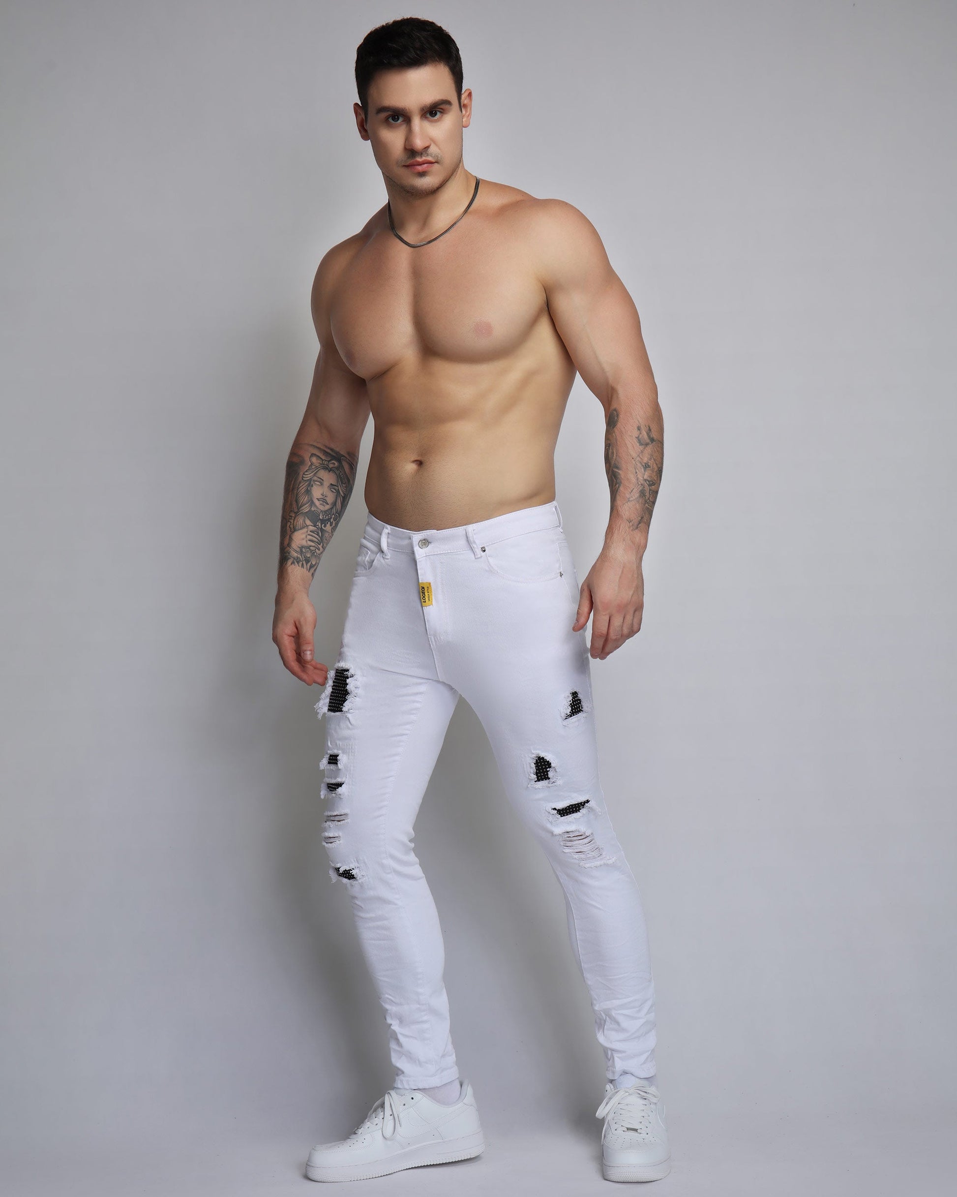 Logeqi white ripped jeans with diamond patch featuring stylish distressed detailing