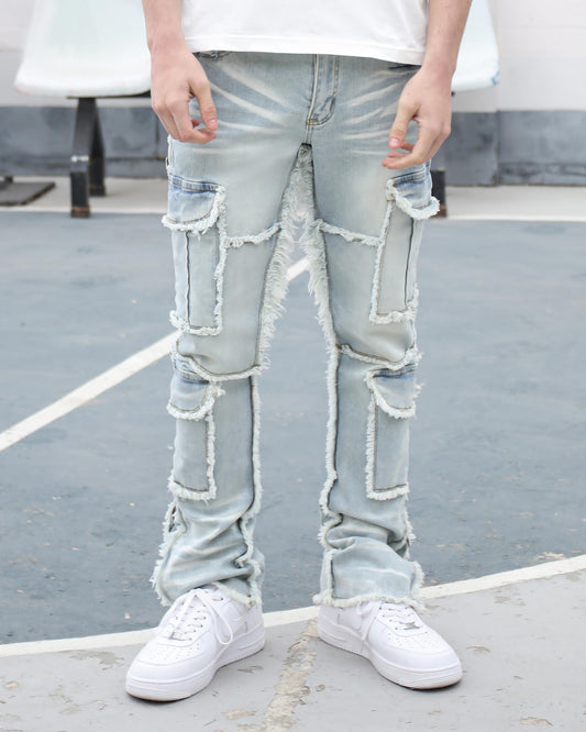 Logeqi workwear flared jeans with distressed patches and a relaxed fit for stylish comfort